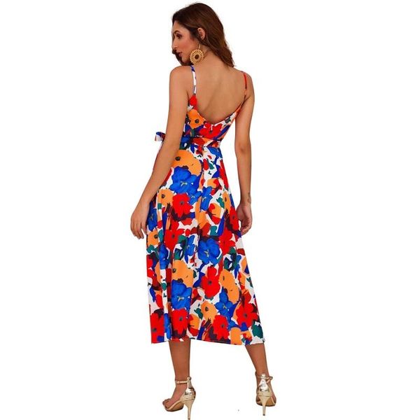 

2021 new sleeveless floral midi women summer v-neck backless elegant bandage off shoulder es boho casual beach long glks, Black;gray