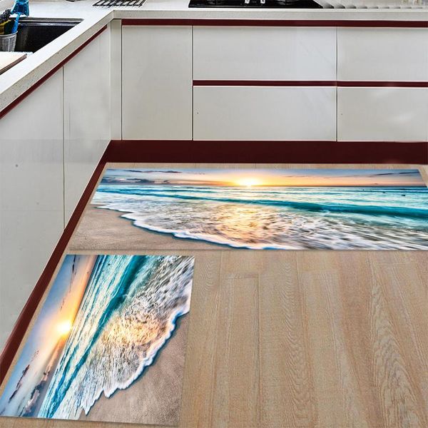 

cushion/decorative pillow kitchen mat anti-slip blue sea waves sunset sunshine printed carpet doormat hallway bath living room