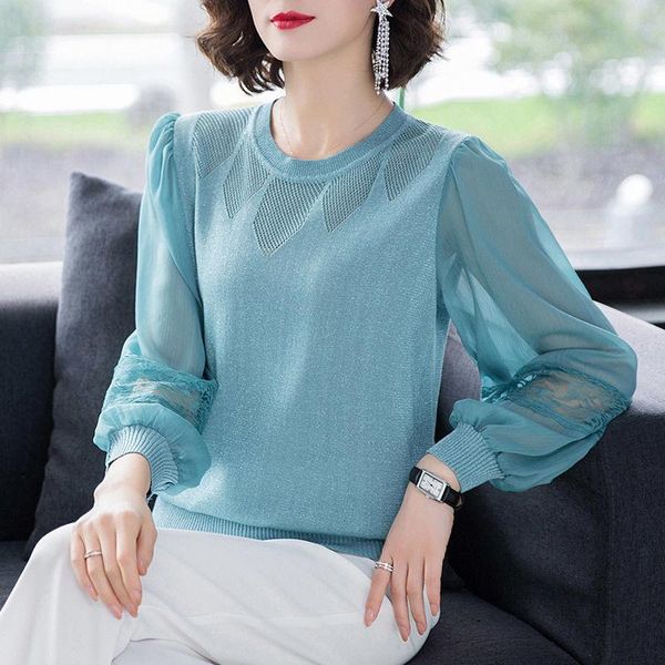

women's blouses & shirts ice silk sweater loose bright blouse 2021 spring and summer thin lace hollow chiffon shirt blusas mujer, White