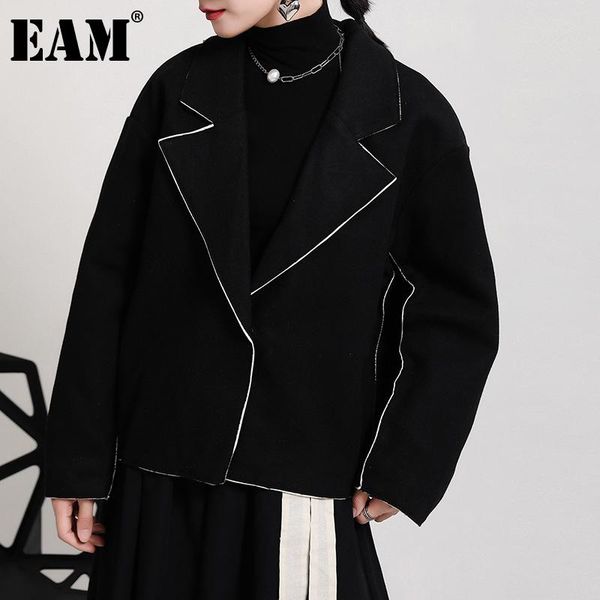 

eam] loose fit irregular contrast color woolen coat parkas new long sleeve women fashion tide autumn winter 2021 1dd2613, Black