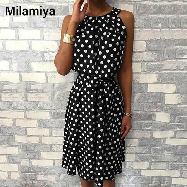 

casual dresses women summer dress 2021 polka dot print sleeveless beach loose sundress fashion plus size for, Black;gray