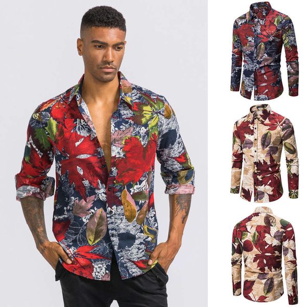 

2021 spring and autumn new floral irregular color matching casual cotton linen long sleeve shirt for men, White;black