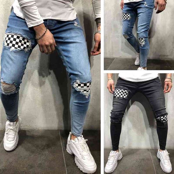 

70% off outlet online men's jeans england style spliced ripped denim pants pencil slim patch fashion plaid casual exercise pants, Blue