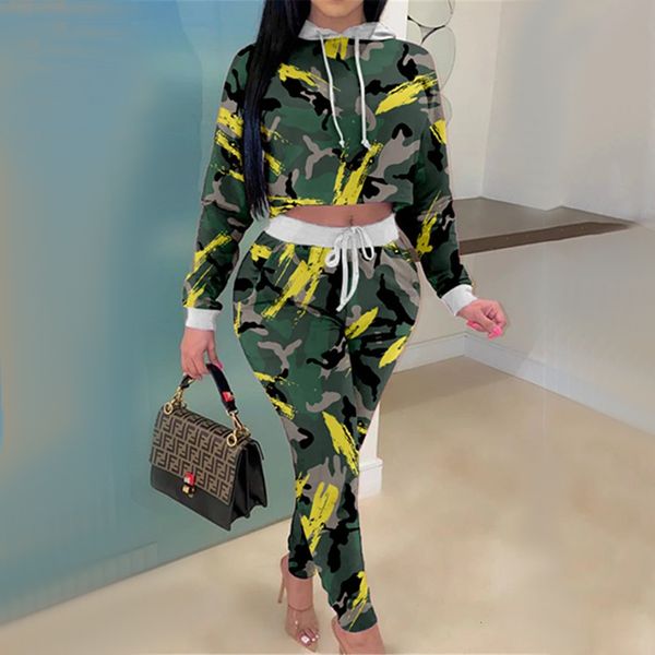 

2021 new camo 2 pieces set women autumn casual hoodies crop +high waist lace up slim pant tracksuit sweat suits tie dye ladies outfit zb, White;black