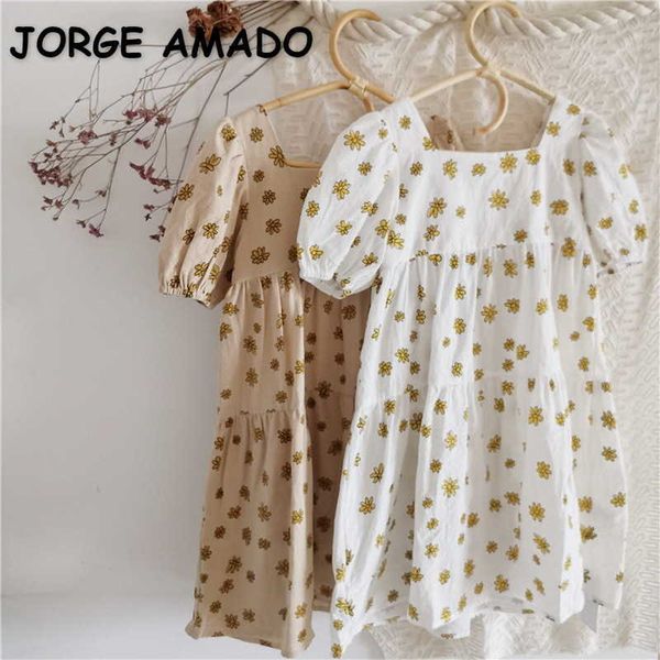 

korean style summer teenagers girls dress white brown floral long puff sleeves square collar dresses for 1-8 years e325 210610, Red;yellow