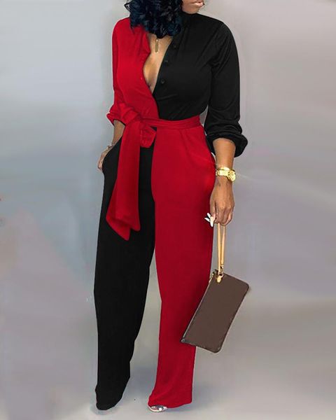 

2021 new fashion women long rompers casual one piece red black overalls colorblock long sleeve knotted jumpsuit, Black;white