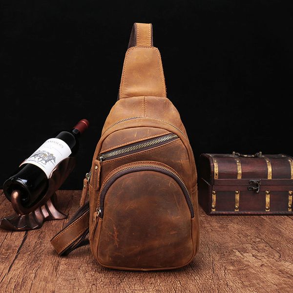 

men genuine leather chest packs original vintage crazy horse travel sling shoulder bag male daypack crossbody handbags