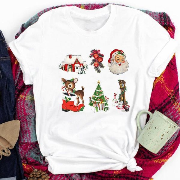 

women lady santa claus new year fashion winter holiday merry christmas print tshirt clothes graphic female t tee t-shirt, White