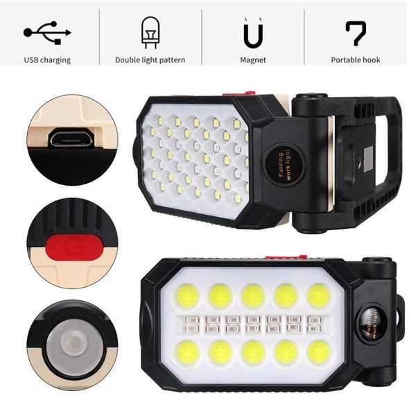 

usb rechargeable work light cob led workinfg lamp 4 modes foldable magnet torch lantern camping with hook