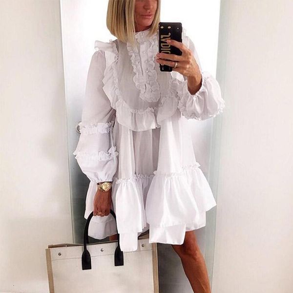 

2021 new autumn lantern women sleeve midi white elegant ruffles neck party vestidos tald, Black;gray