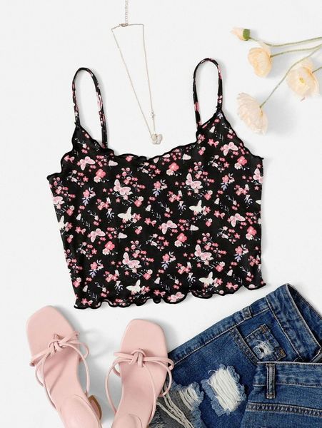 

butterfly & floral print lettuce trim cami n1dn#, White