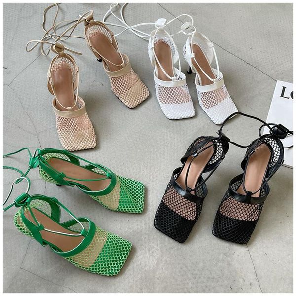

sandals 2021 ladies mesh shoes summer thin high heels pumps women square toe ankle strap gladiator romen outdoor, Black