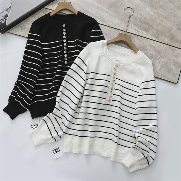 

women's sweaters spring autumn women sweater buttons knitted pullovers striped fashionable wild vintage lady knitwear, White;black
