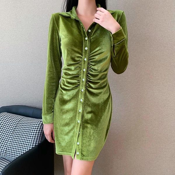 

casual dresses fashion lady's elegant solid color skinny mini dress spring fall long sleeve lapel pleated close-fitting buttons shirt, Black;gray