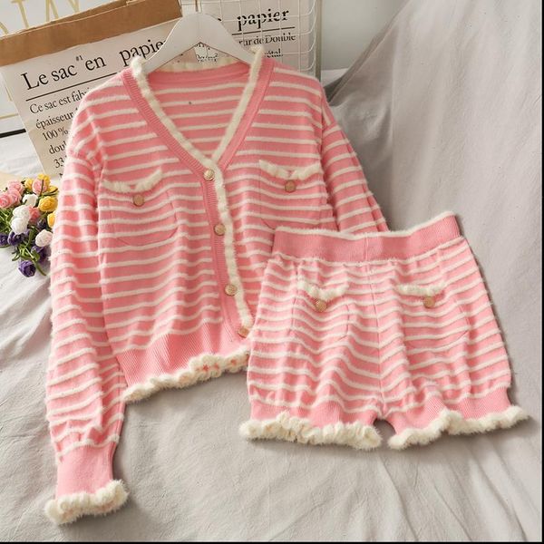 

autumn 2 piece sets women sweet pink knit striped cardigans high waist mini shorts v neck single breasted knit shorts suit, Gray