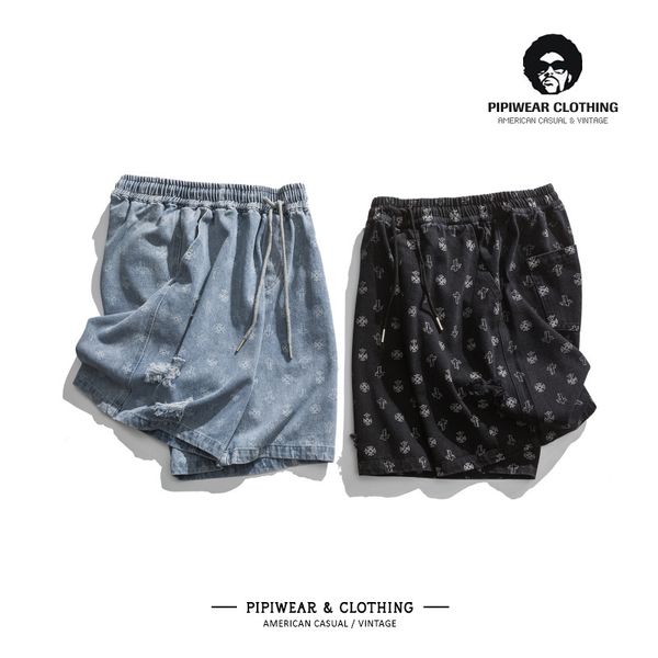 

hearts/chrome shorts worn out holed jeans harajuku style summer fashion brand capris american cross printed men's pants, White;black