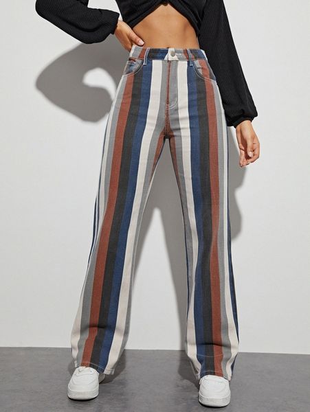 

high waist striped straight leg jeans r7er#, Blue