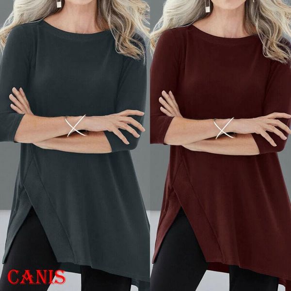 

women long sleeve baggy o neck loose blouse ladies casual jumper plus size female spring split long blouse clothing, White