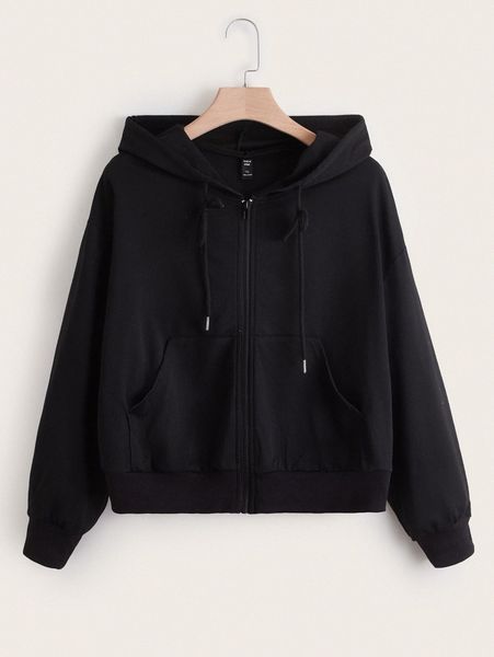 

plus drop shoulder drawstring zipper hoodie 602y#, Black