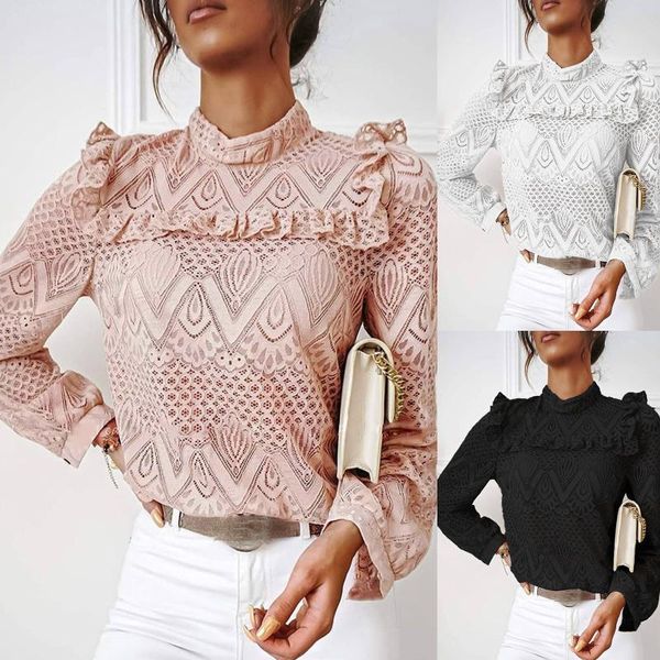 

elegent fashion lace ruffles blouse shirt loose o-neck tee casual winter ladies female women long sleeve blusas pullover, White