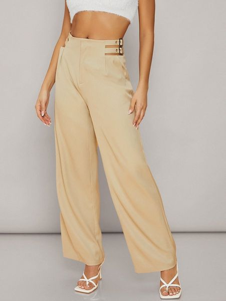 

cut-out eyelet buckle wide leg pants g1ib#, Black;white
