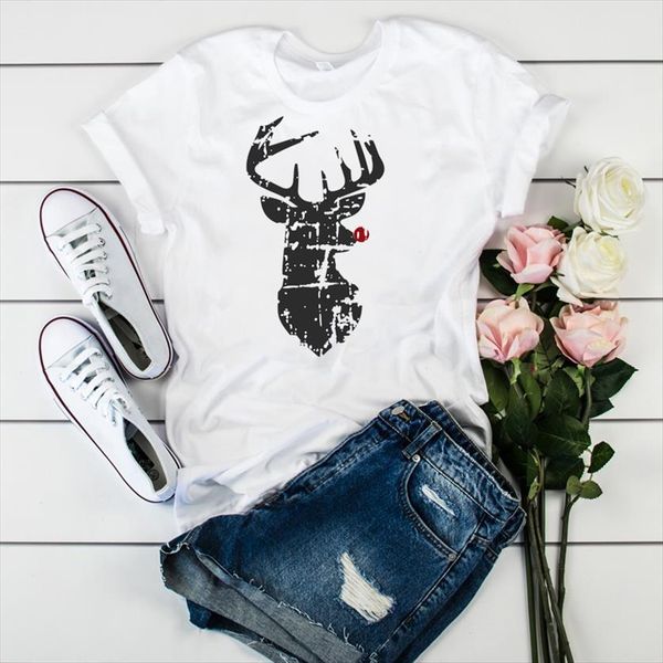 

cartoon deer printed womens t shirt short sleeve loose tee clothes graphic, White