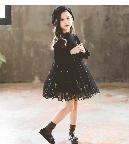 

2020 autumn new girl dress lace princess skirt fake two pieces of foreign girl skirt black thin cute elegant children dress, Red;yellow