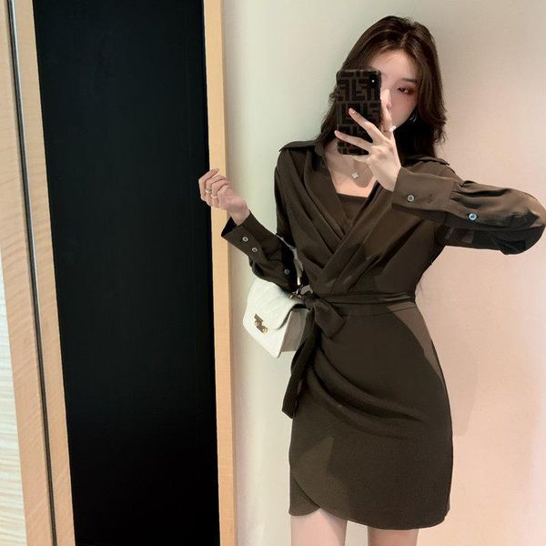 

party dresses women elegant solid color shirt dress female vestidoes korean chic long sleeved v-neck casual office lady, White;black