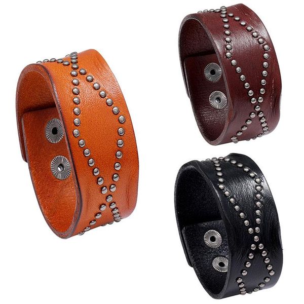 

tennis vintage handmade dot rivets overlapping leather bangles good quality genuine cuff bracelets women men jewelry wristband, Golden;silver