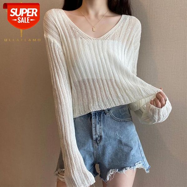 

Perspective Knitted Thin Women T Shirt Casual V Neck Long Sleeve Short Cropped Tee Solid Elasticity Top Streetwear Female Tshirt #gB3C, White