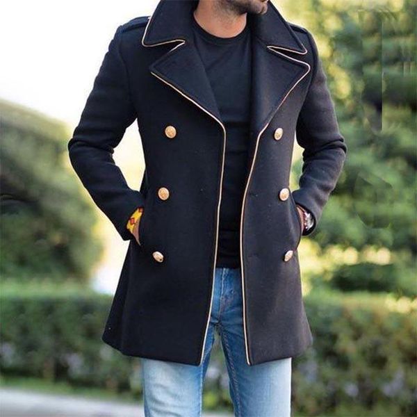 

men's wool & blends winter 2021 european and american lapel double-breasted fit coat, Black