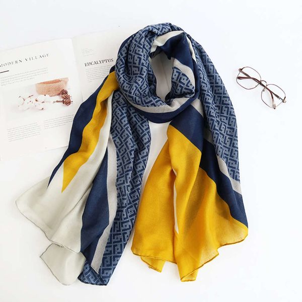 

2020 new blue yellow color matching cotton and neck women's fashion warm shawl temperament versatile hemp scarf, Blue;gray