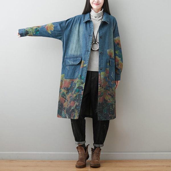 

spring and autumn new large-size washed old denim printed jacket, long trench coat and slim cardigan in literature art, Tan;black