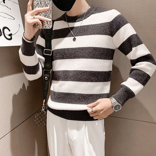 

men's sweaters british knitted heren sweater for men fall winter fashion street striped herren pullover o-neck male, White;black