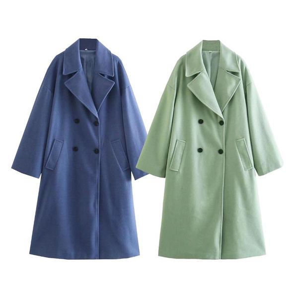 

women's wool & blends junwu autumn blue green lapel double-breasted pockets long-sleeved loose and long woolen coat with high street st, Black