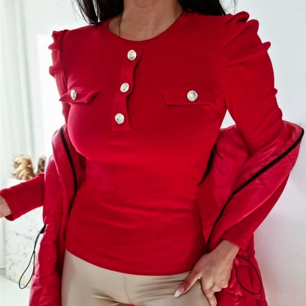 

women's t-shirt buttons long sleeve autumn for women solid knitted t-shirts o-neck office lady knitting shirt female clothing g3194, White