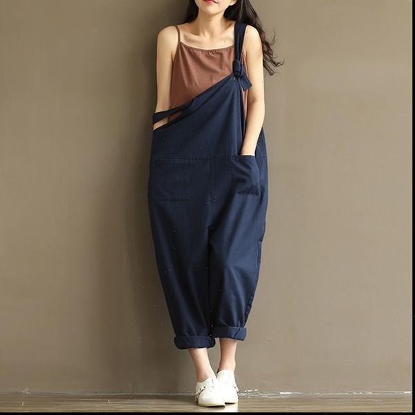 

women strappy sleeveless bib overalls rompers pockets dungaree spring cotton linen long suspender jumpsuits plus size, Black;white