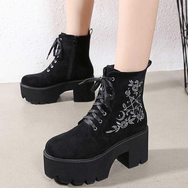 

boots gothic side zipper women's flower embroidery platform thick bottom front lace up, Black
