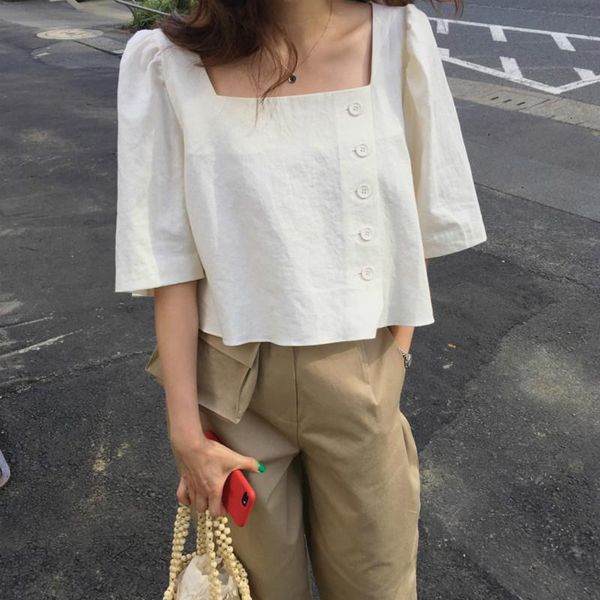 

womens summer cotton linen ladies blouses straight shirt side buttons short blusas haut femme bluzki damskie camiseta mujer, White