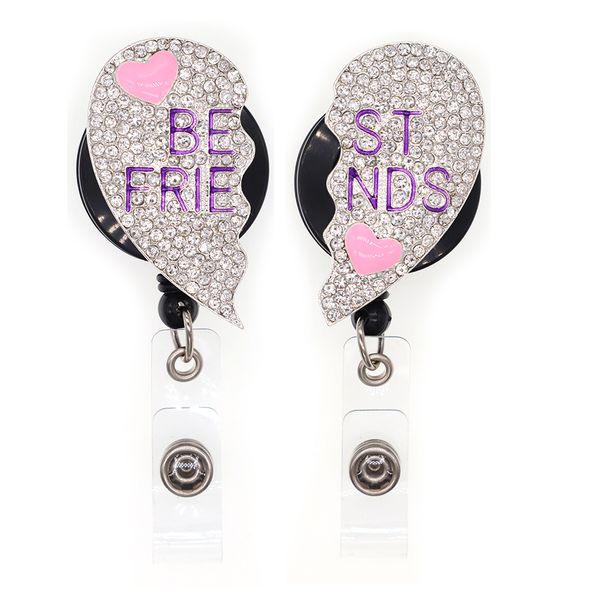 

office supplier key rings lovely retractable rhinestone crystal love heart bes friends id badge reel holder with aligator clip for students/, Slivery;golden