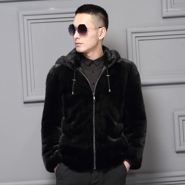 

men's leather & faux winter mens mink coat real fur hooded coats imported men genuine jacket bomber m01, Black
