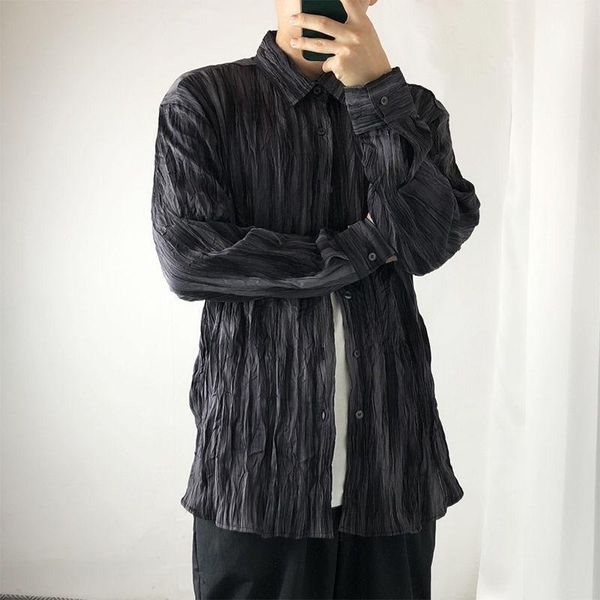 

men's casual shirts solid color pleated shirt men korean fashion loose harajuku streetwear retro social long-sleeved, White;black