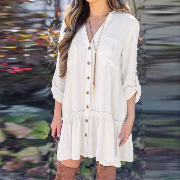 

women's dress fashion 2021 spring and autumn solid color v-neck ruffles long sleeve button comfy casual knee-length dress, Black;gray
