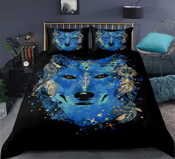 

blue wolf bedcloth boho feather sun floral pattern quilt cover duvet cover set home textil black bedding set 3-piece