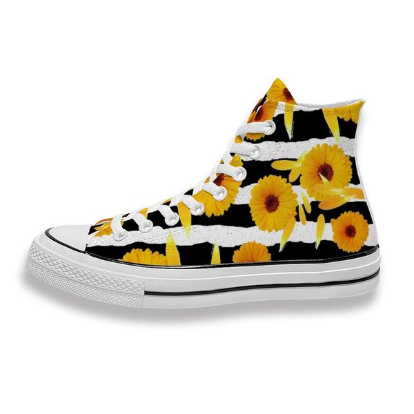 

custom printed yellow daisy on black white zebra stripe sneakers high mens womens running sho skateboard diy trainers canvas casual