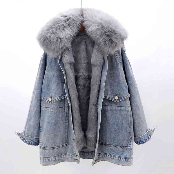 

women's jackets removable real fur collar + rabbit liner denim jacket women winter loose thick warm jeans parka female ou tge8, Black;brown
