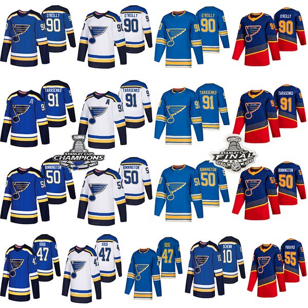 

90 ryan o'reilly st. louis blues hockey jerseys 50 binnington 91 vladimir tarasenko 17 schwartz 55 parayko schenn stanley cup champions, Black;red