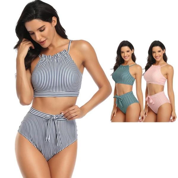 

striped split swimsuit bikini lace swimsuit pink/blue two-piece sling cotton women swimming clothes ruffled ball