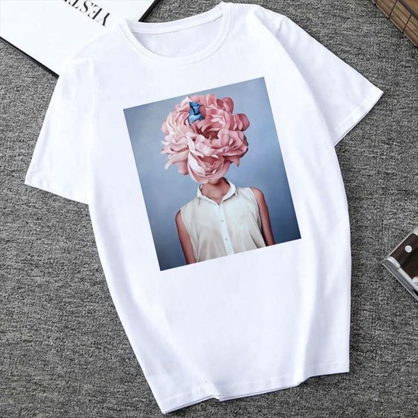 

plus size summer couple casual women t shirt flowers feather print vogue harajuku ulzzang aesthetic camisetas verano mujer, White