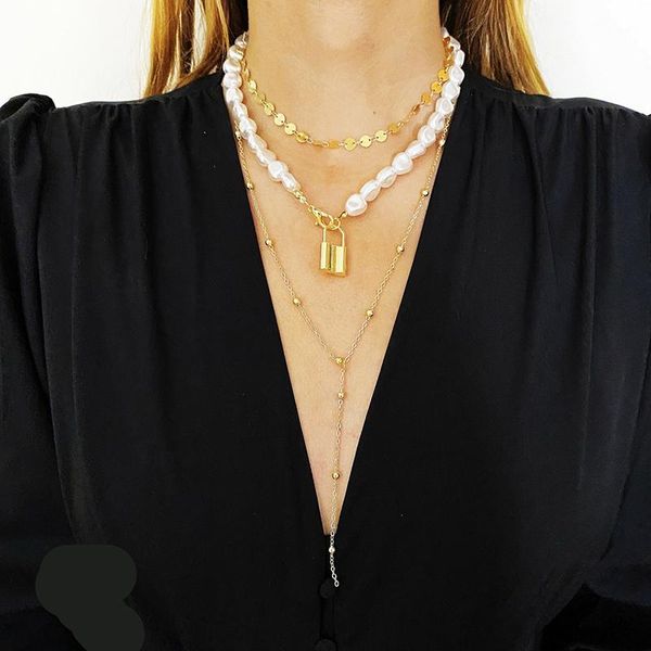 

chains vintage pearl necklace women's collar coin lock geometric heart pendant jewelry 2021 product wholesale, Silver
